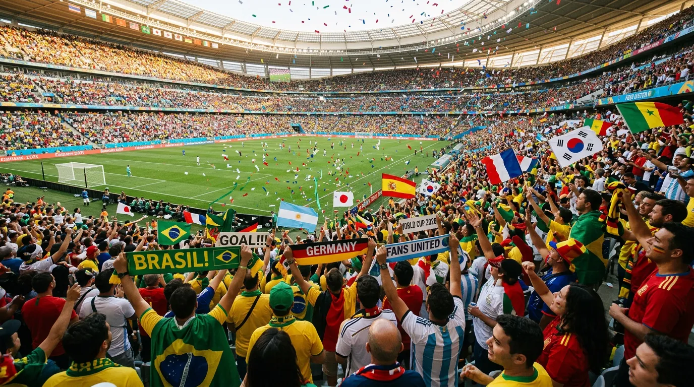 Fussballfans mit Fahnen und Schals auf der Tribüne eines WM-Stadions