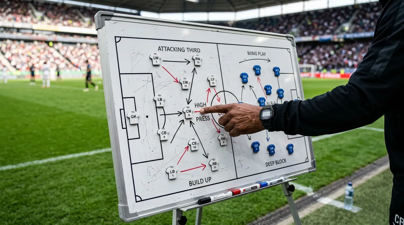 Nahaufnahme einer Fussball-Taktiktafel mit Spielerpositionen und Strategie-Markierungen