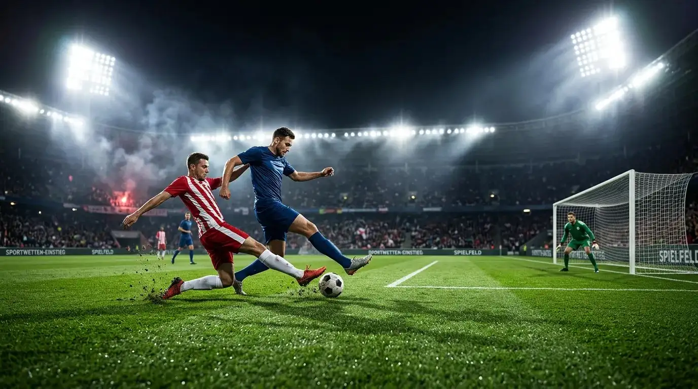 Fussballspieler auf dem grünen Rasen eines Stadions bei einem Abendspiel unter Flutlicht
