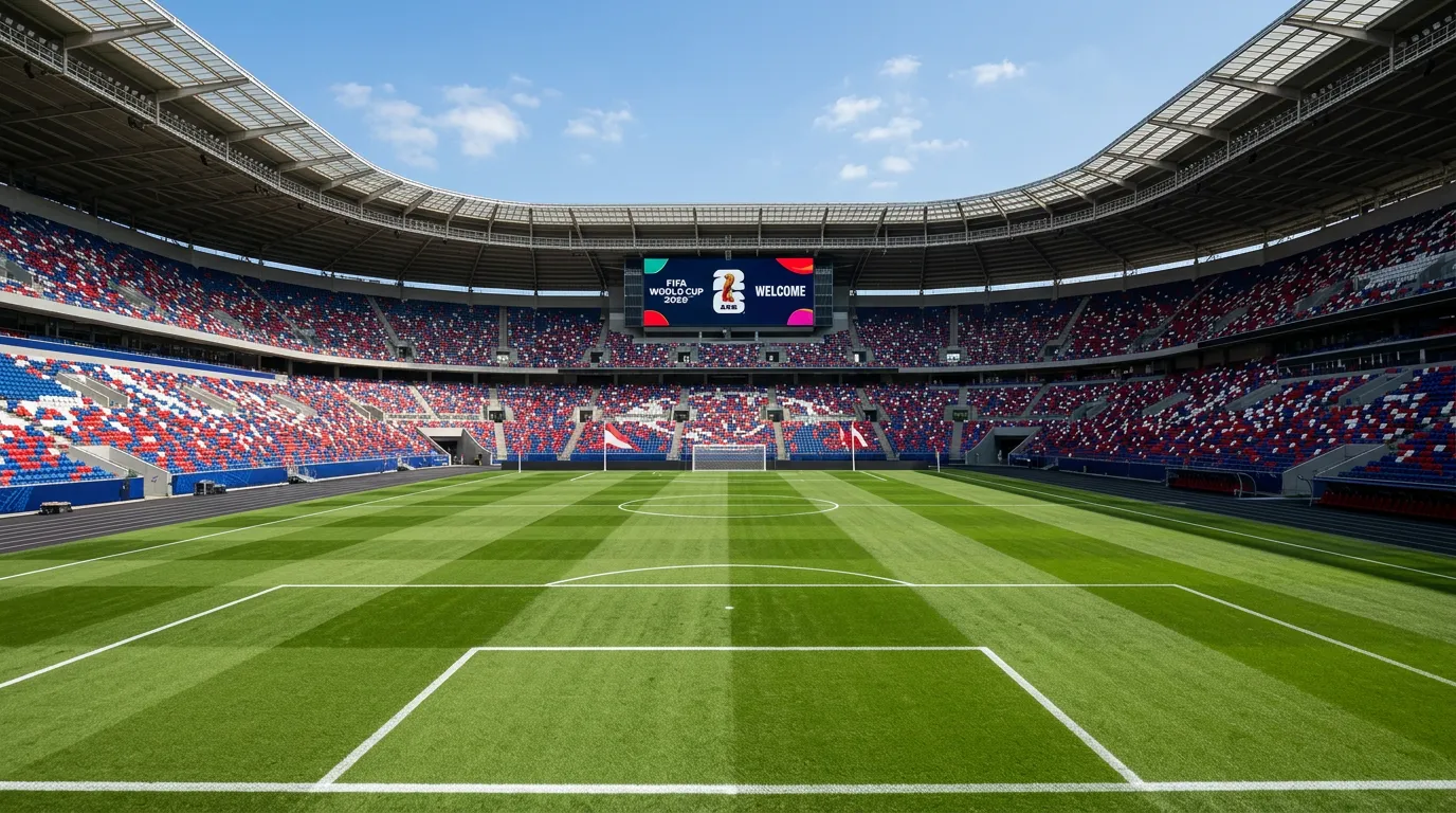 Fussballstadion mit Rasenfeld und vollen Zuschauerrängen bei einem WM-Spiel