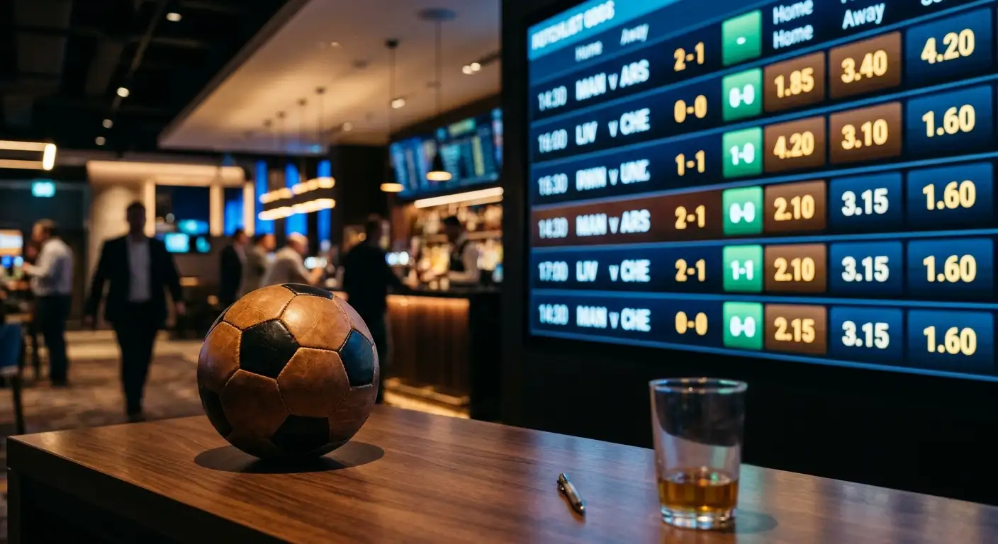 Nahaufnahme einer Anzeigetafel mit Fussball-Quoten in einem Wettbüro
