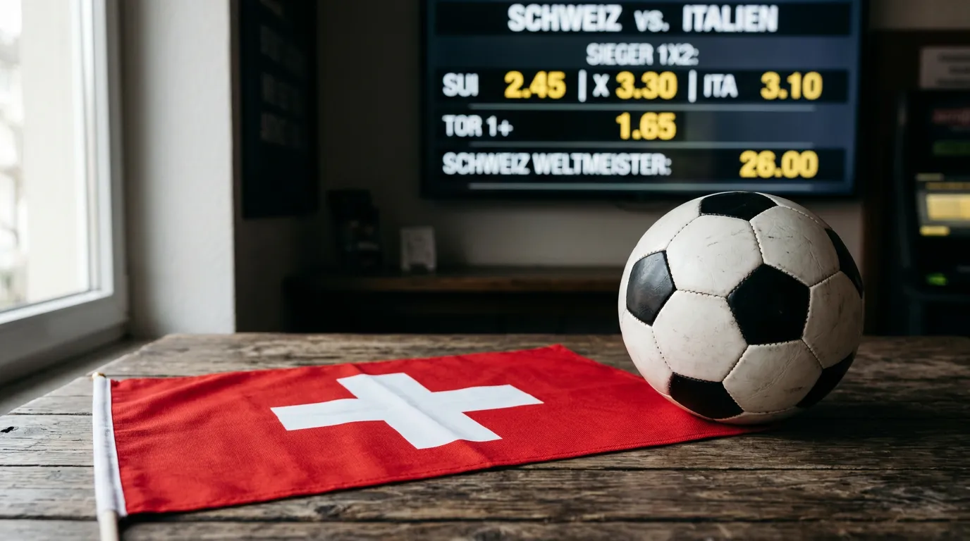 Schweizer Flagge neben einem Fussball und einer Quotentafel