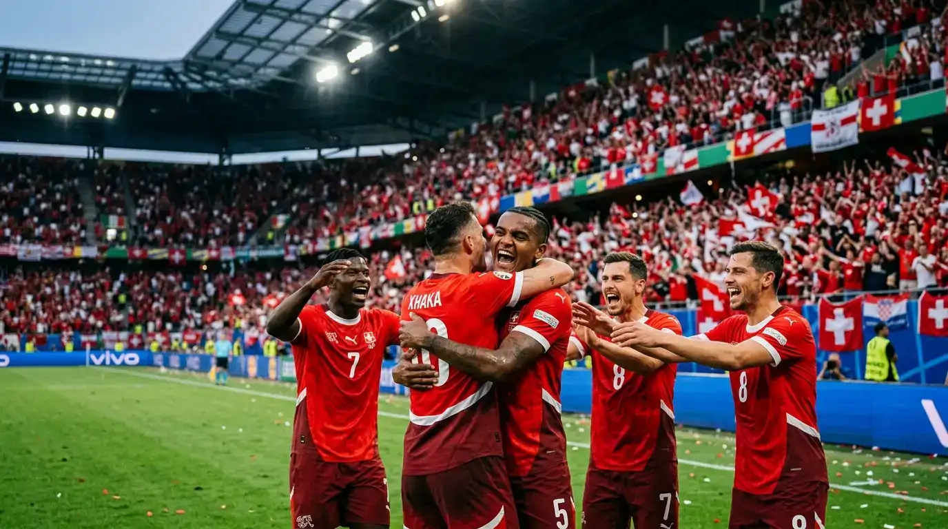 Schweizer Nationalspieler bejubeln vor rot-weissen Fans in Vancouver den Einzug ins WM-Achtelfinal