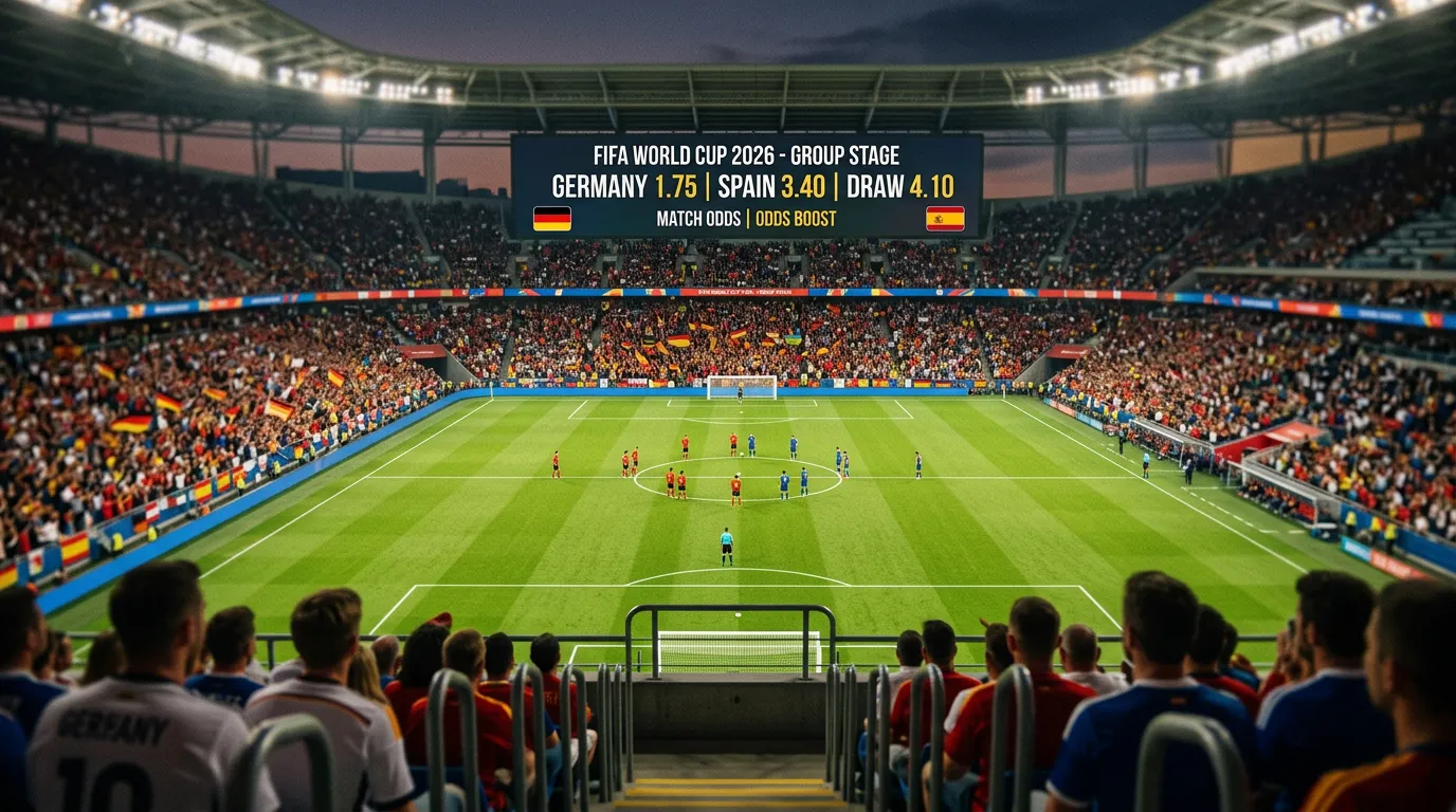 Fussballstadion mit Anzeigetafel und WM-2026-Wettquoten bei einem Gruppenspiel