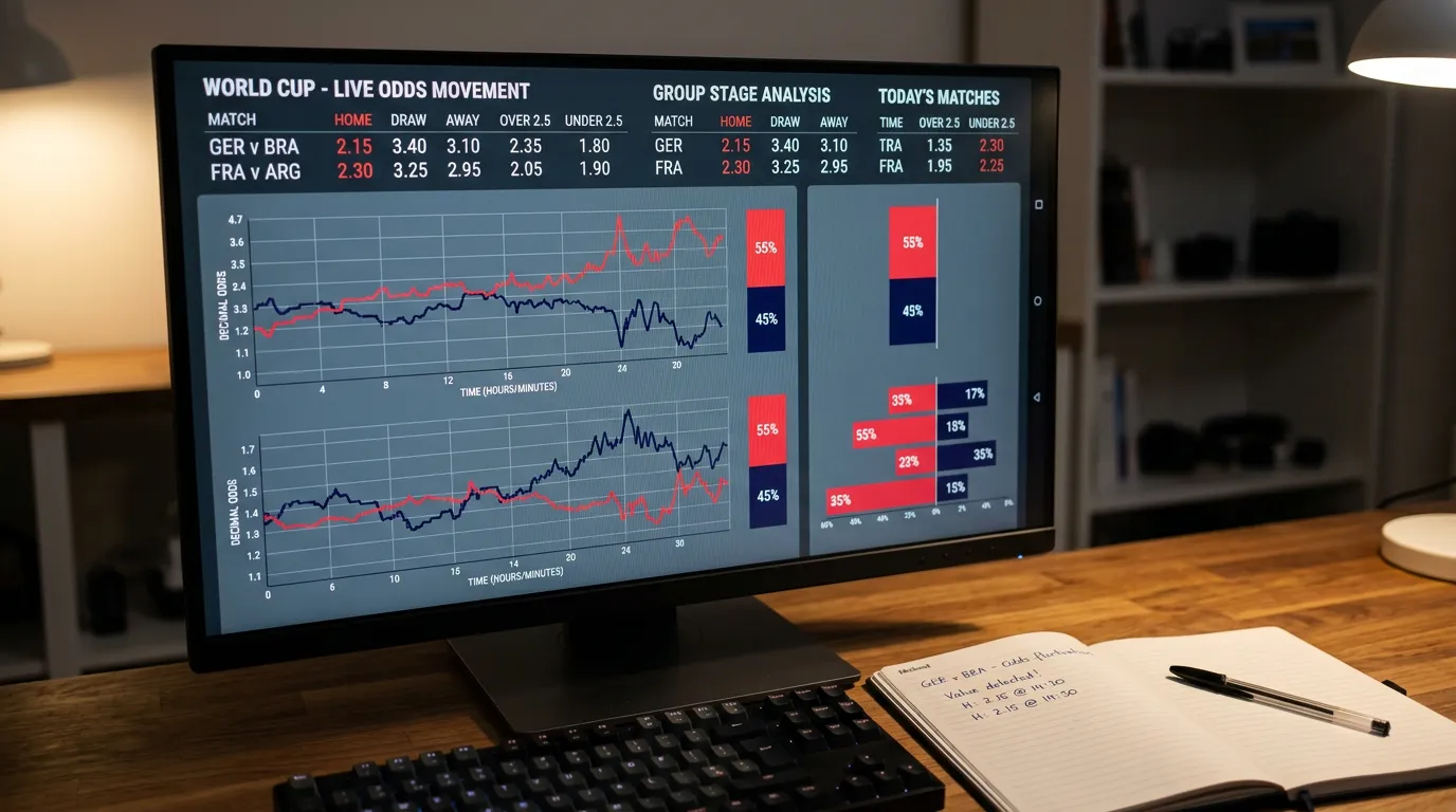 Bildschirm mit Quotenbewegungen und Diagrammen zur WM-2026-Analyse