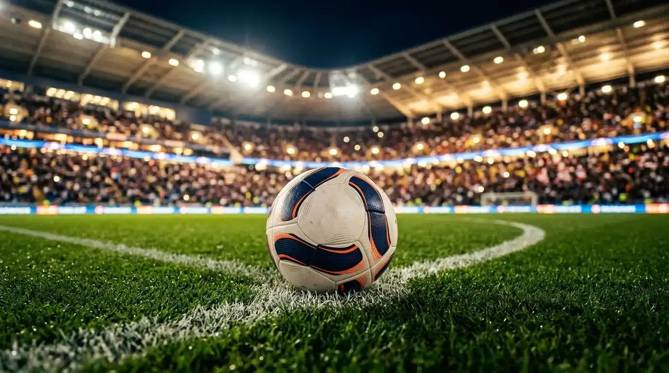 Spielball der WM 2026 auf dem Anstosspunkt eines abendlich beleuchteten Stadions kurz vor dem Anpfiff